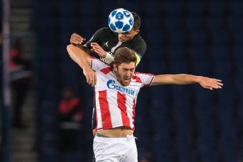 (L-R) Thiago Emiliano da Silva of Paris Saint-Germain, Milan Pavkov of Red Star Belgrade during the UEFA Champions League group C match between Paris St Germain and Crvena zvezda at the Parc des Princes on October 03, 2018 in Paris, France UEFA Champions League 2018 2019 xVIxVIxImagesx xGerritxvanxKeulenxIVx 12387340