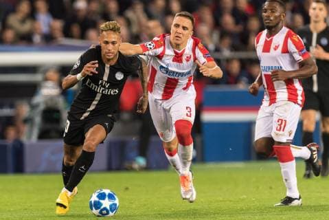 (L-R) Neymar da Silva Santos Junior of Paris Saint-Germain, Branko Jovicic of Red Star Belgrade, El Fardou Ben Nabouhane of Red Star Belgrade during the UEFA Champions League group C match between Paris St Germain and Crvena zvezda at the Parc des Princes on October 03, 2018 in Paris, France UEFA Champions League 2018 2019 xVIxVIxImagesx xGerritxvanxKeulenxIVx 12387390