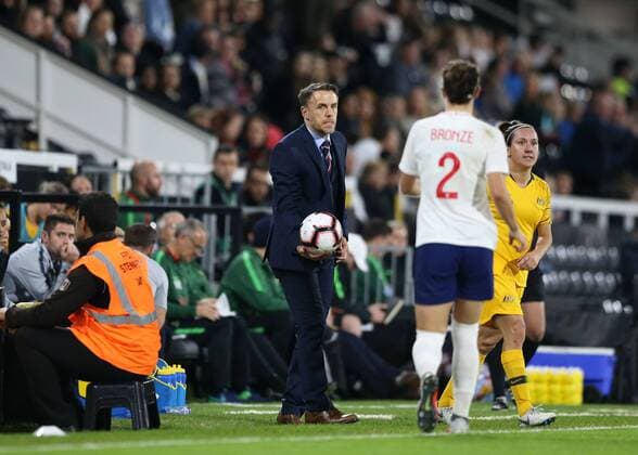 9th October 2018, Craven Cottage, London, England; Womens International Football Friendly, England versus Australia; A frustrated England Women s Head Coach Phil Neville giving the ball to Lucy Bronze of England for a thrown-in  ActionPlus12069560 JohnxPatrickxFletcher