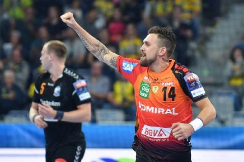 Rhein Neckar Loewen IFK Kristianstad Rhein Neckar Loewe Bogdan Radivojevic No. 14 celebrates after his match in the Champions League Rhein Neckar Loewen IFK Kristianstad Mannheim 10 10 18 Handball Champions League Group Phase Mannheim Baden Wuerttemberg Germany SAP Arena