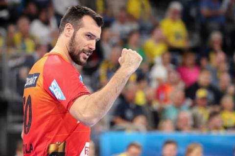 Gedeon Guardiola RNL 30 clenched fist cheer about a goal Cheering Torjubel Goalkeeping celebrate the goal goal celebration Cheering over the goal optimistic Game scene Highlight Action Action Handball Champions League Rhein Neckar Lion IFK Kristianstad xozx
