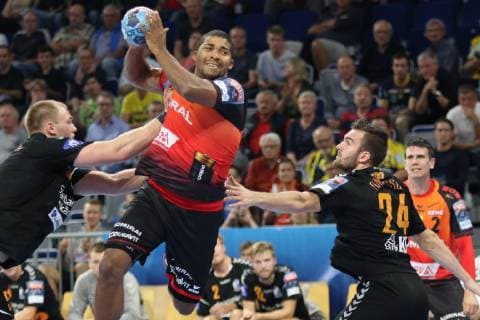 Rhein Neckar Loewen IFK Kristianstad Goal of Rhein Neckar Loewe Mads Mensah Larsen No 22 in the Champions League match Rhein Neckar Loewen IFK Kristianstad Mannheim 10 10 18 Handball Champions League Group Phase Mannheim Baden Wuerttemberg Germany SAP Arena