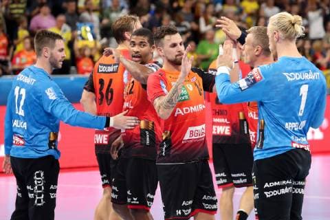 v left Andreas Palicka Goalkeeper RNL 12 Jesper Nielsen RNL 36 Mads Mensah Larsen RNL 22 Bogdan Radivojevic RNL 14 Andre Schmid Andy Schmid RNL 2 face down Gudjon Valur Sigurdsson RNL 9 Mikael Alf Appelgren Goalkeeper RNL 1 Rejoicing after the final whistle Victory Winner Winner cheers Joy Optimistic Highlight Action Action Player of the Rhein Neckar Löwen Handball Champions League Rhein Neckar Löwen IFK Kristianstad xozx