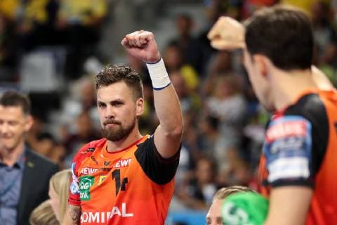 Bogdan Radivojevic RNL 14 Single Action Action Game scene celebrates over a goal Cheering Torjubel Goalkeeping celebrate the goal goal celebration Cheering over the goal optimistic Game scene Highlight Handball Champions League Rhein Neckar Löwen IFK Kristianstad xozx