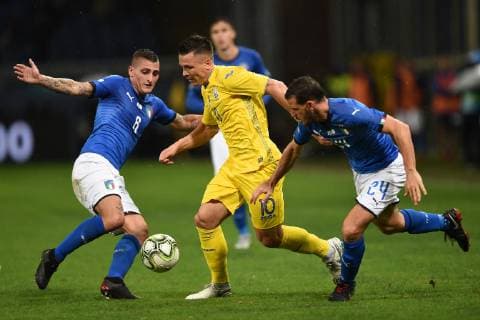 Fußball, Italien - Ukraine Db Genova 10 10 2018 - amichevole Italia-Ucraina foto Daniele Buffa Image nella foto: Yevhen Konoplyanka-Alessandro Florenzi-Marco Verratti 