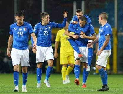 October 10, 2018 - Genoa, Italy - Federico Bernardeschi of Italy celebrates with team-mates after scoring the opening goal during the International Friendly Länderspiel match between Italy and Ukraine on October 10, 2018 in Genoa, Italy. Italy v Ukraine - International Friendly  - ZUMAn230 20181010_zaa_n230_434 Copyright: xMatteoxCiambellix