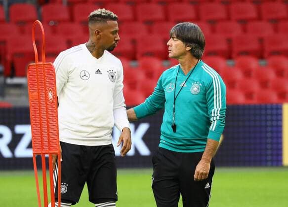 National coach Joachim Loew Germany Germany with Jerome Boateng Germany Germany 12 10 2018 Final training of the German national team before the UEFA Nations League match against the Netherlands