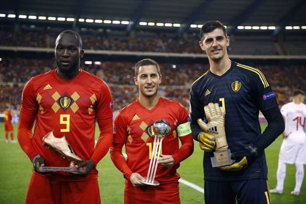 Sport Bilder des Tages Thibaut Courtois goalkeeper of Belgium and Eden Hazard midfielder of Belgium and Romelu Lukaku forward of Belgium with trophy FOOTBALL : Belgique vs Suisse - Ligue des Nations - 12 10 2018 Photonews Panoramic  775128550