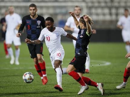 Luka Modric of Croatia tackles Raheem Sterling of England during the Uefa Nations League, Group A4 match at Stadion HNK Rijeka, Rijeka. Picture date: 12th October 2018. Picture credit should read: David Klein Sportimage EDITORIAL USE ONLY. No use with unauthorised audio, video, data, fixture lists, club league logos or live services. Online in-match use limited to 120 images, no video emulation. No use in betting, games or single club league player publications.