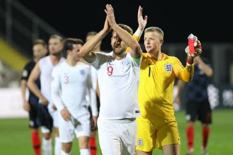 Rijeka, 12 10 2018 - Stadion HNK Rijeka, UEFA Nations League 2019. League Phase. Croatia (dark-blue) - England (white) Harry Kane (9) and Jordan Pickford (GK-1) 