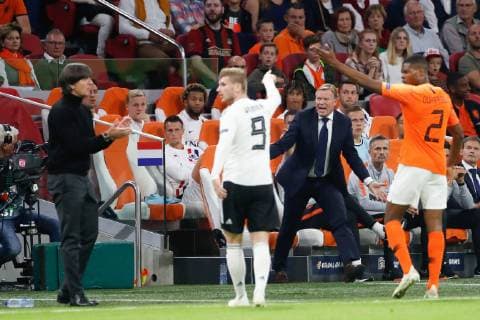 Germany coach Joachim Low, Timo Werner of Germany, Holland coach Ronald Koeman, Denzel Dumfries of Holland during the UEFA Nations League A group 1 qualifying match between The Netherlands and Germany at the Johan Cruijff Arena on October 13, 2018 in Amsterdam, The Netherlands UEFA Nations League A group 1 2018 2019 xVIxVIxImagesx xTomxBodexMultimediaxIVx 12441004