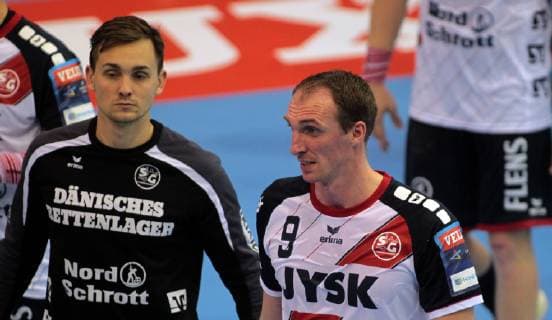14.10.2018 Szeged(Hungary) MOL Pick Szeged-SG Flensburg-Handewitt Velux EHF men s handball champions legue Johannes Goll(L),Magnus Abelvik RÖD(2L),Simon Hampus Wanne(L),Holger Glandorf(R) SG Flensburg Handewitt after lost match : 