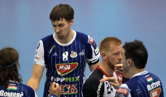 14.10.2018 Szeged(Hungary) MOL Pick Szeged-SG Flensburg-Handewitt Velux EHF men s handball champions legue Jim Gottfridsson(R)SG Flensburg Handewitt ,Jonas Källman(L)MOL Pick Szeged after match : 
