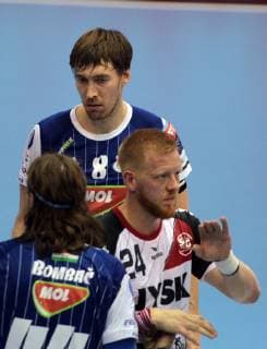 14.10.2018 Szeged(Hungary) MOL Pick Szeged-SG Flensburg-Handewitt Velux EHF men s handball champions legue Jim Gottfridsson(R)SG Flensburg Handewitt ,Jonas Källman(L)MOL Pick Szeged after match : 