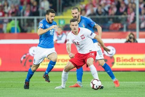 Fußball, Nations League, Polen - Italien 2018.10.14 Chorzow Pilka nozna UEFA Liga Narodow Polska - Wlochy N z Arkadiusz Reca, Alessandro Florenzi Foto Marcin Karczewski PressFocus 2018.10.14 Chorzow Football UEFA Nations League Poland - Italy Arkadiusz Reca, Alessandro Florenzi Credit: Marcin Karczewski PressFocus NEWSPIX.PL --- Newspix.pl  20181014_MKR_04