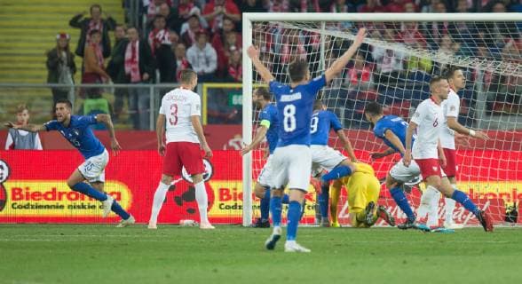 October 14, 2018 - Chorzow, Poland - Cristiano Biraghi from Italy celebrates with team mates after scoring during the UEFA Nations League A group three match between Poland and Italy at Silesian Stadium on October 14, 2018 in Chorzow, Poland. Poland v Italy - UEFA Nations League A  - ZUMAn230 20181014_zaa_n230_654 Copyright: xFotoxOlimpikx