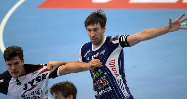 14.10.2018 Szeged(Hungary) MOL Pick Szeged-SG Flensburg-Handewitt Velux EHF men s handball champions legue Jim Gottfridsson(L),Magnus Joendal(2L) and Johannes Golla(L)SG Flensburg Handewitt , Jonas Källman(R)MOL Pick Szeged : 