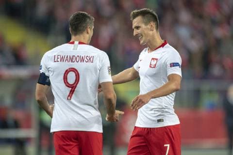 October 14, 2018 - Chorzow, Poland - Arkadiusz Milik and Robert Lewandowski of Poland during the UEFA Nations League A match between Poland and Italy at Silesian Stadium in Chorzow, Poland on October 14, 2018 Poland v Italy-UEFA Nations league  - ZUMAn230 20181014_zaa_n230_734 Copyright: xAndrewxSurmax