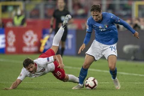 October 14, 2018 - Chorzow, Poland - Bartosz Bereszynski of Poland fouled by Federico Chiesa of Italy during the UEFA Nations League A match between Poland and Italy at Silesian Stadium in Chorzow, Poland on October 14, 2018 Poland v Italy-UEFA Nations league  - ZUMAn230 20181014_zaa_n230_759 Copyright: xAndrewxSurmax
