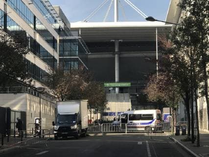 Police presence in front of the entrance D of the Stade de France where two suicide bombers blew up in the friendly of both nations in the night of the attack on 13.11.2015 16 10 2018 France vs Germany 4 Matchday UEFA Nations League Stade de France DISCLAIMER DFB regulations prohibit any use of photographs as image sequences and or quasi video