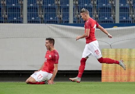 Fußball, U21 EM Quali, Österreich - Russland SOCCER - Under-21 EURO 2019, AUT VS RUS SANKT POELTEN,AUSTRIA,16.OCT.18 - SOCCER - OEFB international match Länderspiel Under-21 European Championship EM Europameisterschaft 2019, qualification, Austria vs Russia. Image shows the rejoicing of Adrian Grbic and Hannes Wolf (AUT). GEPAxpictures xWalterxLuger