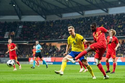 181016 Jonathan Levi of Sweden and Isaac Mbenza or Belgium during the UEFA European Under 21 Qualifier match between Sweden and Belgium on October 16, 2018 in Kalmar Photo Petter Arvidson BILDBYR N Code PA 92128  Copyright: PETTERxARVIDSON BB181016PA017