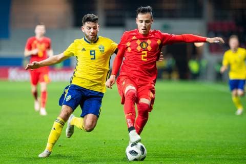 181016 Dion Cools of Belgium and Erdal Rakip of Sweden during the UEFA European Under 21 Qualifier match between Sweden and Belgium on October 16, 2018 in Kalmar  Copyright: SUVADxMRKONJIC BB181016SM008