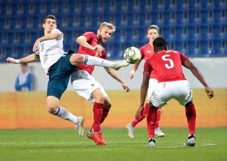 SOCCER - Under-21 EURO 2019, AUT VS RUS SANKT POELTEN,AUSTRIA,16.OCT.18 - SOCCER - OEFB international match Länderspiel Under-21 European Championship EM Europameisterschaft 2019, qualification, Austria vs Russia. Image shows Igor Konovalov (RUS), Konrad Laimer and Kevin Danso (AUT). GEPAxpictures xWalterxLuger