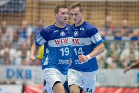 Torjubel Maciej Majdzinski No 14 Bergischer HC ahead of Tomas Babak No 19 Bergischer HC Bergischer HC vs Rhein Neckar Löwen Handball DHB Cup Eight Finals 16 10 18 Solingen NRW Germany Klingenhalle Copyright: xdnet_cdnx