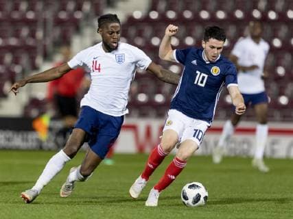 16th October 2018, Tynecastle Park, Edinburgh, Scotland; UEFA U21 U 21 European Football Championships, qualification, Scotland versus England; Lewis Morgan of Scotland gets away from Josh Onomah of England  ActionPlus12070483 AlanxRennie