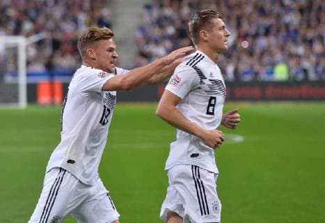 Football UEFA Nations League France Germany on 16 10 2018 at Stade de France in Paris Torjubel to 0 1 by Toni Kroos Germany right Joshua Kimmich Germany links DFB regulations prohibit any use of images as image sequences or quasi video xTTx
