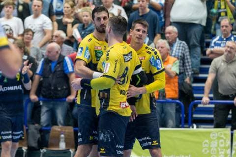Ilija Abutovic Nr 20 Rhein Neckar Löwen Jannik Kohlbacher Nr 80 Rhein Neckar Löwen and Andy Schmid Nr 2 Rhein Neckar Löwen are happy about the victory in Solingen Bergischer HC vs Rhein Neckar Löwen Handball DHB Cup Eighth finals 16 10 18 Solingen NRW Germany Klingenhalle Copyright: xdnet_cdnx