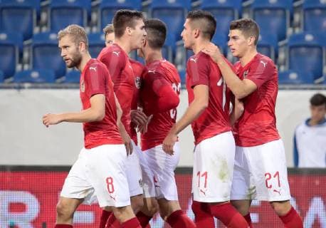 SOCCER - Under-21 EURO 2019, AUT VS RUS SANKT POELTEN,AUSTRIA,16.OCT.18 - SOCCER - OEFB international match Länderspiel Under-21 European Championship EM Europameisterschaft 2019, qualification, Austria vs Russia. Image shows the rejoicing of Konrad Laimer, Maximilian Wieber, Adrian Grbic and Ivan Ljubic (AUT). GEPAxpictures xWalterxLuger