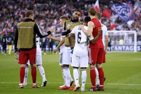 NEW Manuel Goalkeeper Team Germany With GNABRY Serge After the Game UEFA Nation League 2018 Game France Germany 2 1 in Stade de France on 16 October 2018 in Paris DFB regulations prohibit any use of images as image sequences and or quasi video