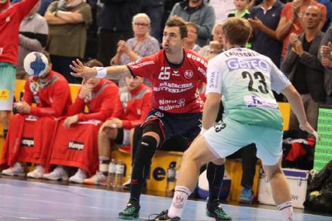 SG Flensburg Handewitt vs SC Magdeburg Handball DHB Cup Round of 16 17 10 18 Rasmus Lauge Schmidt SG Flensburg Handewitt 25 against Albin Lagergren SC Magdeburg 23 xmmkx