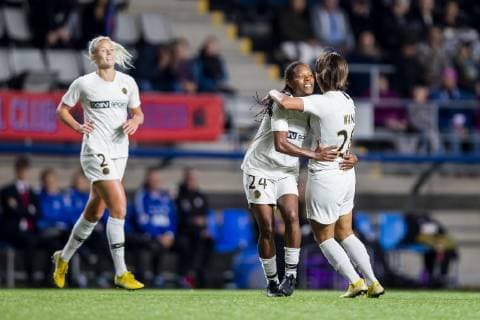 181017 Paris Shuang Wang cheers for 0 2 during the final final of the Champions League between Linköping and Paris Saint Germain on October 17, 2018 in Linköping  Copyright: PETERxHOLGERSSON BB181017PH013