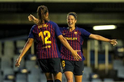 17th October 2018, Miniestadi, Barcelona, Spain; UEFA Womens Champions League football, Barcelona versus Glasgow City; Marta Torrejon and Patricia Guijarro of FC Barcelona Barca celebrate their goal for 3-0 in the 40th minute  ActionPlus12070755 PedroxSalado