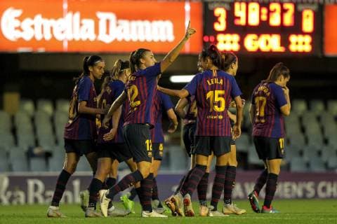 17th October 2018, Miniestadi, Barcelona, Spain; UEFA Womens Champions League football, Barcelona versus Glasgow City; FC Barcelona Barca players celebrate their goal for 3-0 in the 40th minute  ActionPlus12070756 PedroxSalado