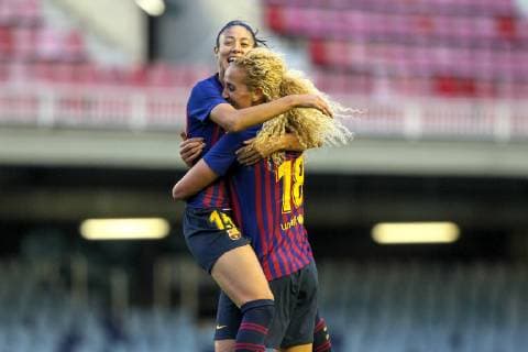 17th October 2018, Miniestadi, Barcelona, Spain; UEFA Womens Champions League football, Barcelona versus Glasgow City; Leila Ouahabi and Kheira Hamraoui of FC Barcelona Barca celebrates her goal for 1-0 in the 12th minute  ActionPlus12070748 PedroxSalado