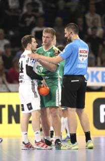 Photo Miha Zarabec vs. Franz Semper Green Leipzig Handball 1 Bundesliga Cup match on Wed 17 10 2018 THW Kiel DHfK Leipzig