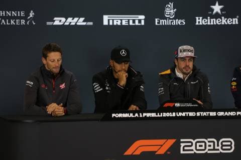 Photo4 LaPresse 18 10 2018 Austin, USA Grand Prix Formula One USA 2018 In the pic: Official Fia press conference PK Pressekonferenz L to R Romain Grosjean (FRA) Haas F1 Team VF-18, Lewis Hamilton (GBR) Mercedes AMG F1 W09 and Fernando Alonso (ESP) McLaren Renault MCL33  Copyright: xPhoto4 LaPressex