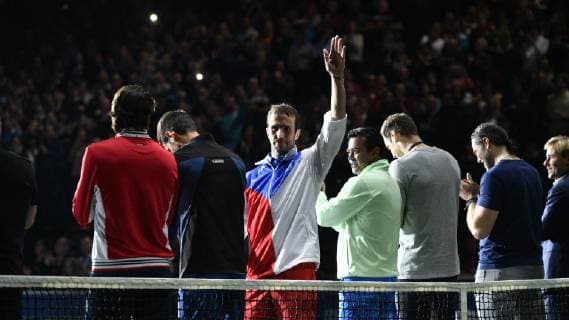 Czech tennis player Radek Stepanek, third from left, gestures during the farewell party ending his career in Prague, Czech Republic, October 18, 2018. (CTKxPhoto MichalxKamaryt). CTKPhotoP201810180914901  _KMT2736