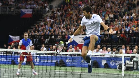 Novak Djokovic of Serbia, right, and Czech tennis player Radek Stepanek are seen during the farewell party of Radek Stepanek ending his career in Prague, Czech Republic, October 18, 2018. (CTKxPhoto MichalxKamaryt). CTKPhotoP201810180971901  _KMT3347