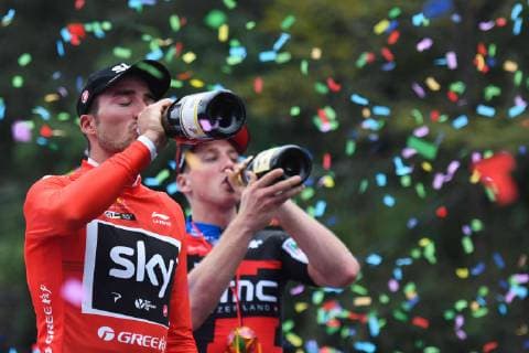 Sport Themen der Woche KW42 Sport Bilder des Tages October 19, 2018 - Nanning, China - (Left - Right) Gianni Moscon of Italy and Team SKY, and Stefan Kung of Switzerland and BMC Racing Team, during the Awards Ceremony after the fourth stage, 152.2km from Nanning to Nongla Scenic Area, of the 2nd Cycling Tour de Guangxi 2018. .On Friday, October 19, 2018, in Nongla Scenic Area, China. 2nd Cycling Tour Of Guangxi - Stage Four  - ZUMAn230 20181019_zaa_n230_472 Copyright: xArturxWidakx