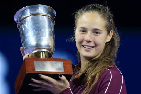 MOSCOW, RUSSIA - OCTOBER 20, 2018: Daria Kasatkina of Russia holds her trophy during an awards ceremony as she wins her women s singles final match against Jabeur Ons of Tunisia at the 2018 VTB Kremlin Cup International Tennis Tournament. Mikhail Japaridze TASS  TS0948EB