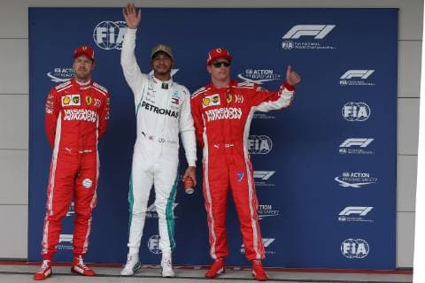 Photo4 LaPresse 20 10 2018 Austin, USA Grand Prix Formula One USA 2018 In the pic: Pole position Celebration: Lewis Hamilton (GBR) Mercedes AMG F1 W09 , Sebastian Vettel (GER) Scuderia Ferrari SF71H and Kimi Raikkonen (FIN) Scuderia Ferrari SF71H  Copyright: xPhoto4 LaPressex