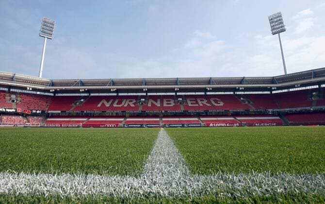 20 10 2018 Soccer Season 2018 2019 1 Soccer Bundesliga 08 Round 1 FC Nürnberg Nuernberg FCN Club TSG 1899 Hoffenheim DaMa DFL regulations Icon image Symbolfoto Feature Impression Stadionimpression Stadionpanorama Floodlight mast Rasen Spielfeld Gegengerade Schriftzug Nürnberg