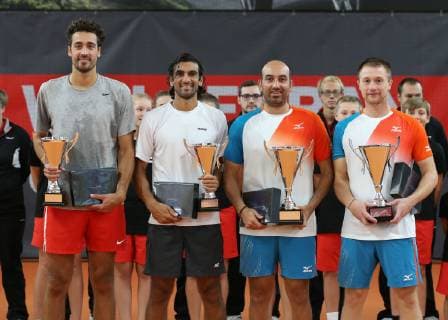 L R finalists Rameez Junaid David Pel and winner Purav Raja Antonio Sancic with cup double award ceremony Presentation Tennis Wolffkran Open ATP Challenger TC Ismaning Ismaning Bavaria Germany 21 October 2018 Â Copyright: xJuergenxHasenkopfx