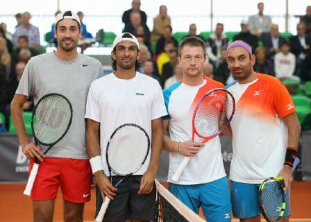 L R Junaid David Pel and Purav Raja Antonio Sancic Double Tennis Wolffkran Open ATP Challenger TC Ismaning Ismaning Bavaria Germany 21 October 2018 Â Copyright: xJuergenxHasenkopfx