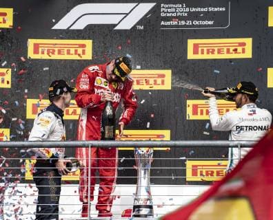 October 21, 2018 - Austin, Texas, U.S - The Winner of F1 7 KIMI Râ‚¬IKK¦NEN Scuderia Ferrari 2nd Place 33 MAX VERSTAPPEN Austin Martin Red 3rd place 44 LEWIS HAMILTON Mercedes AMG Petronas Motorsports Bull Racing having fun. F1 Pirelli United States Grand Prix - ZUMAm147 20181021_zap_m147_004 Copyright: xHossxMcBainx